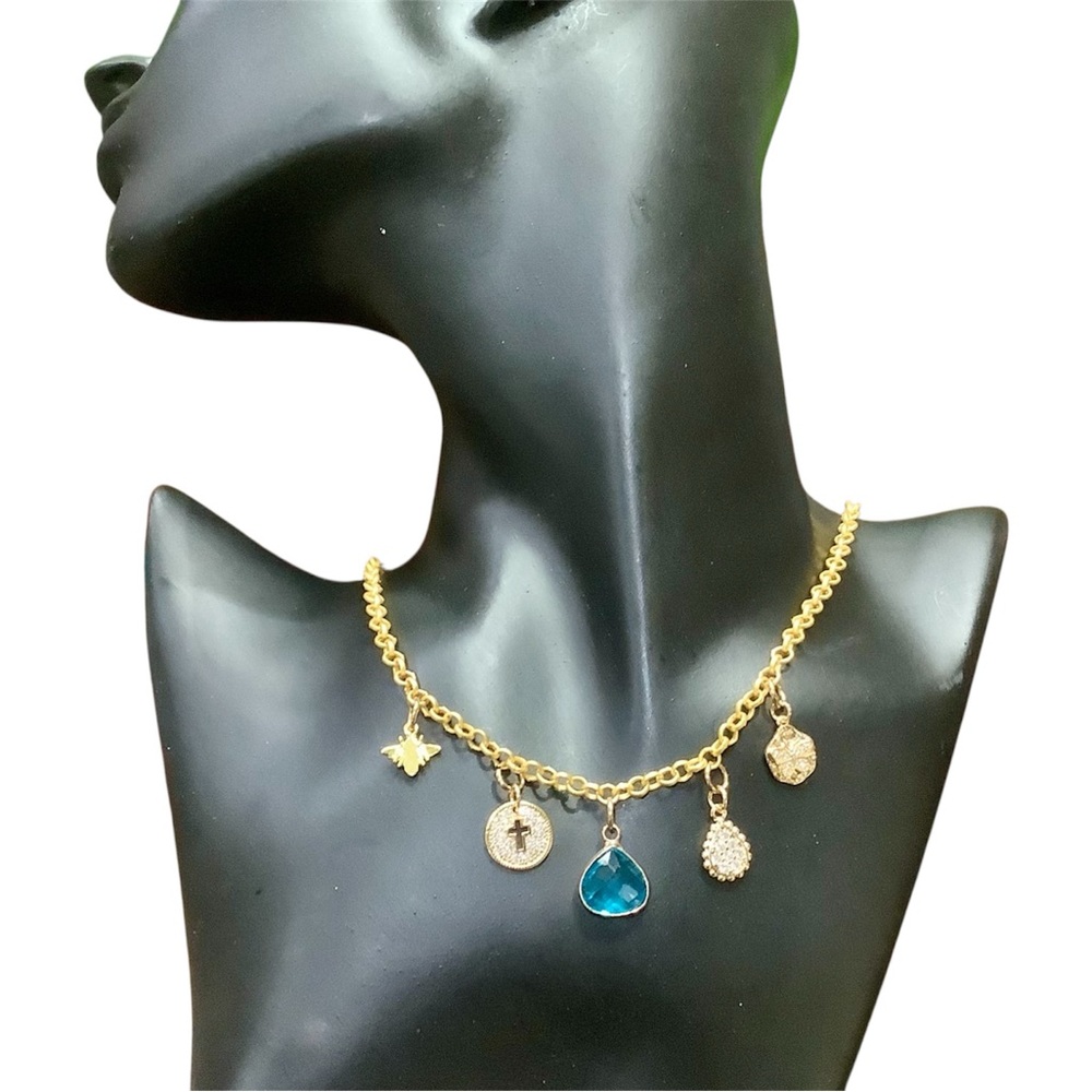 Gold Charm Necklace with Blue Crystal Pendant, Cross, and Bumblebee Charms. NWT - Picture 2 of 4